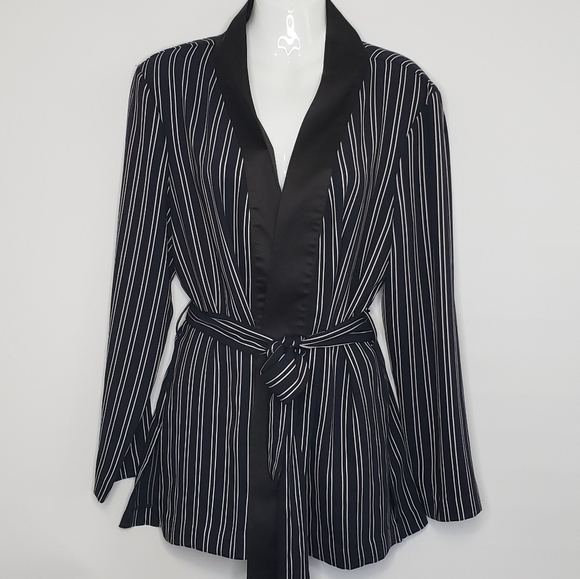 Zara Dark Navy White Striped Women's Relaxed Smoking Jacket Blazer Large - Picture 2 of 15